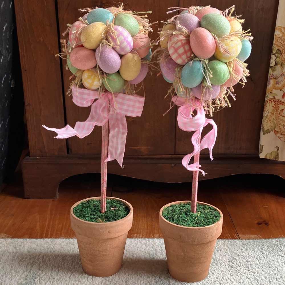 Pastel Easter Egg Topiary Pair - Pink Ribbon Spring Décor